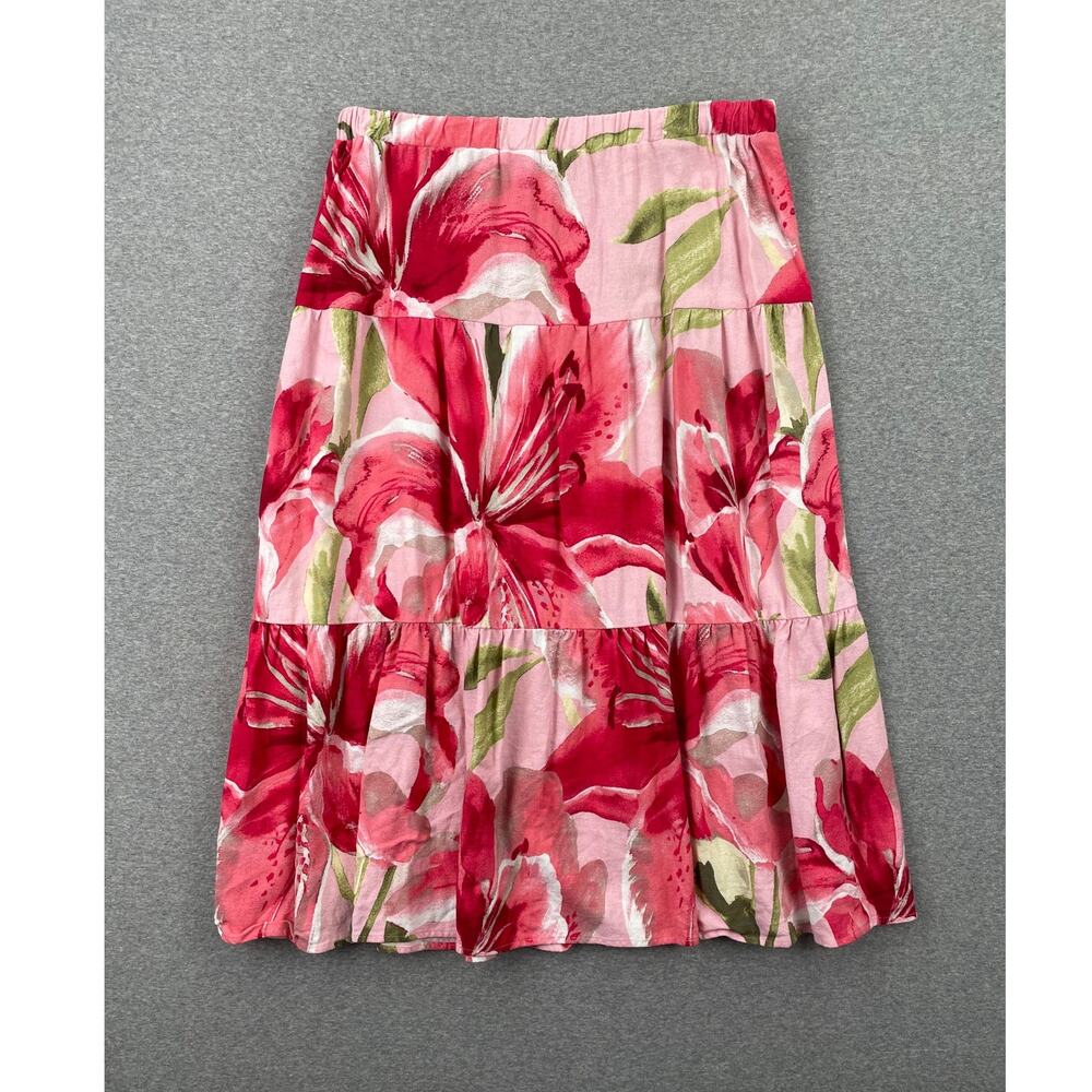 y2k John Paul Richard Tiered Midi Maxi Skirt Size PL Pink Floral Tropical Linen